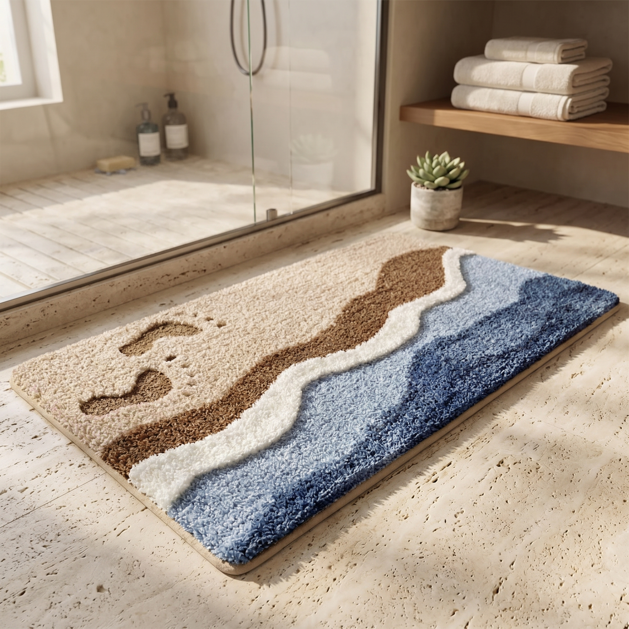 Onda Coastal Wave Plush Bath Mat Non Slip Machine Washable Bathroom