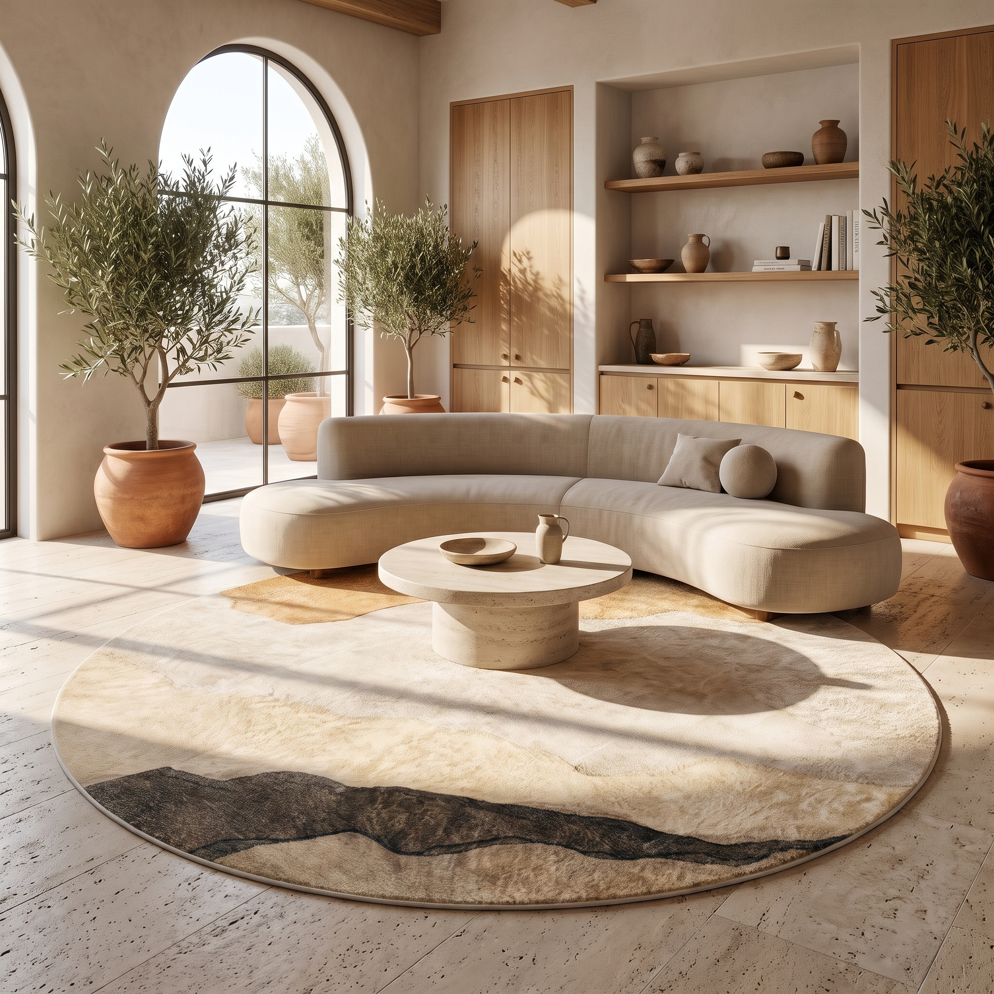 Terra Round Abstract Landscape Area Rug Earthy Tones for Living Rooms