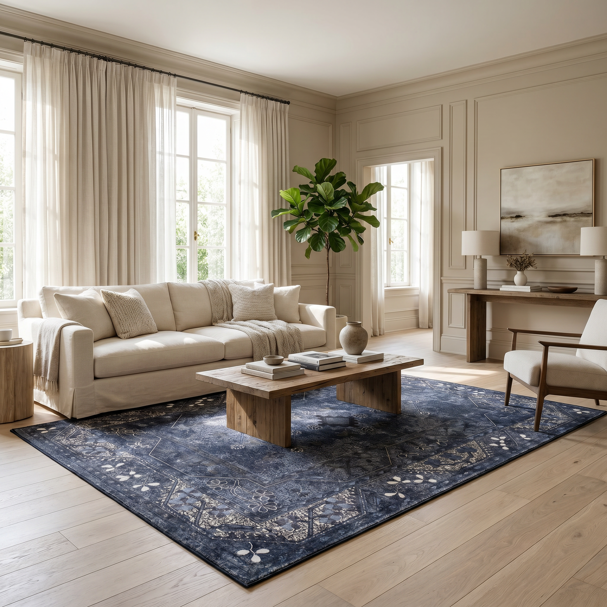 Nomad Navy Washable Vintage Persian Medallion Rug for Living Rooms
