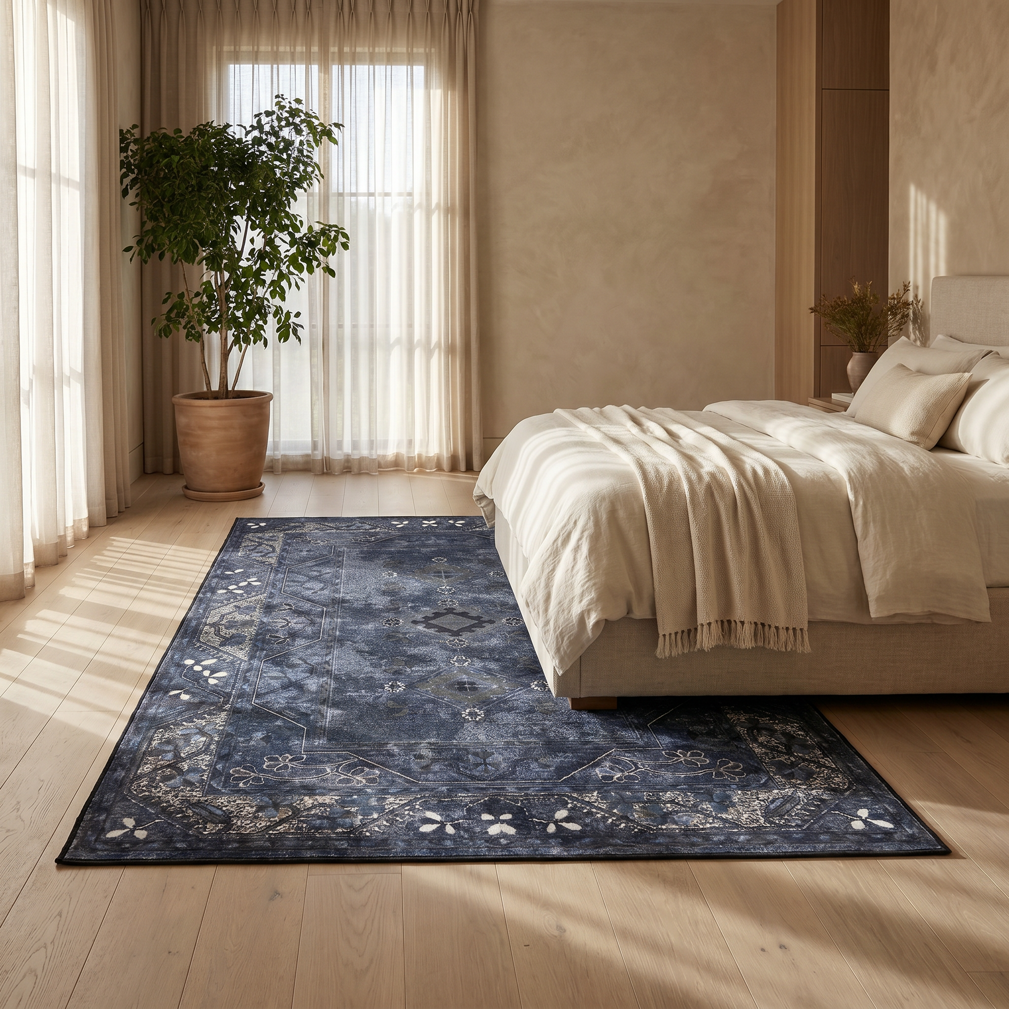 Nomad Navy Washable Vintage Persian Medallion Rug for Living Rooms