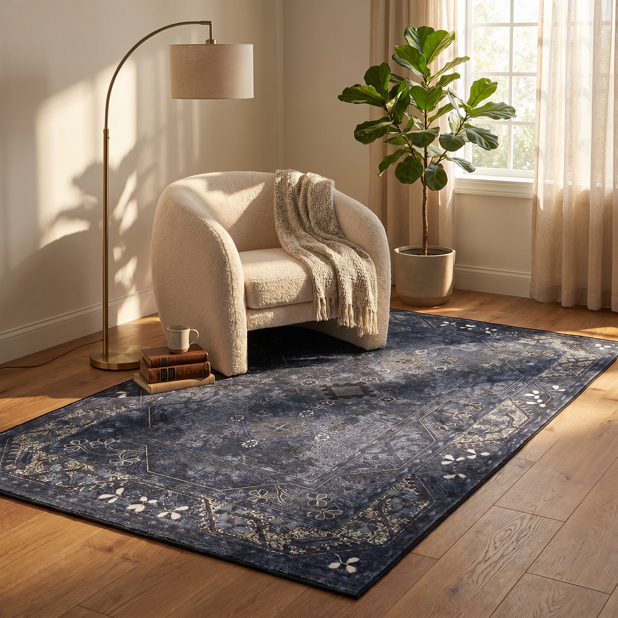 Nomad Navy Washable Vintage Persian Medallion Rug for Living Rooms