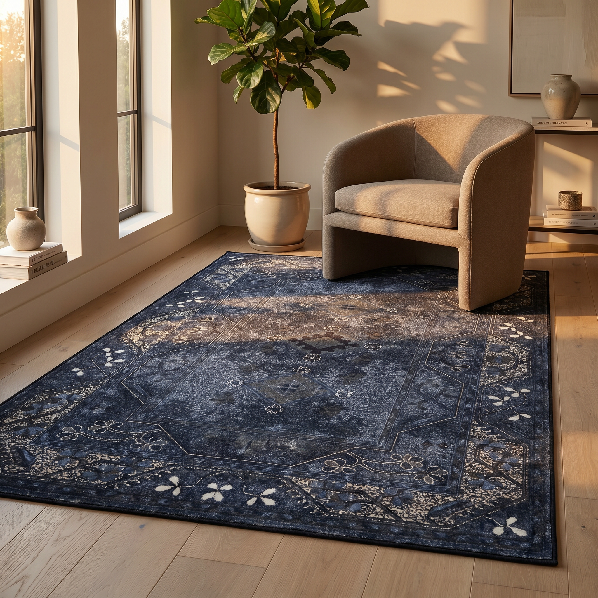 Nomad Navy Washable Vintage Persian Medallion Rug for Living Rooms