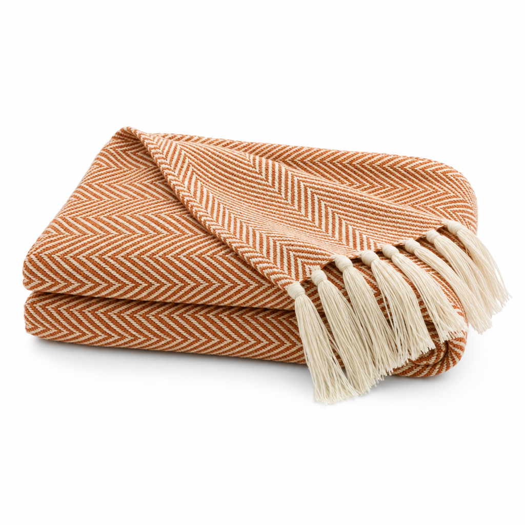 Riviera Woven Herringbone Fringe Throw Blanket for Sofa and Bedroom