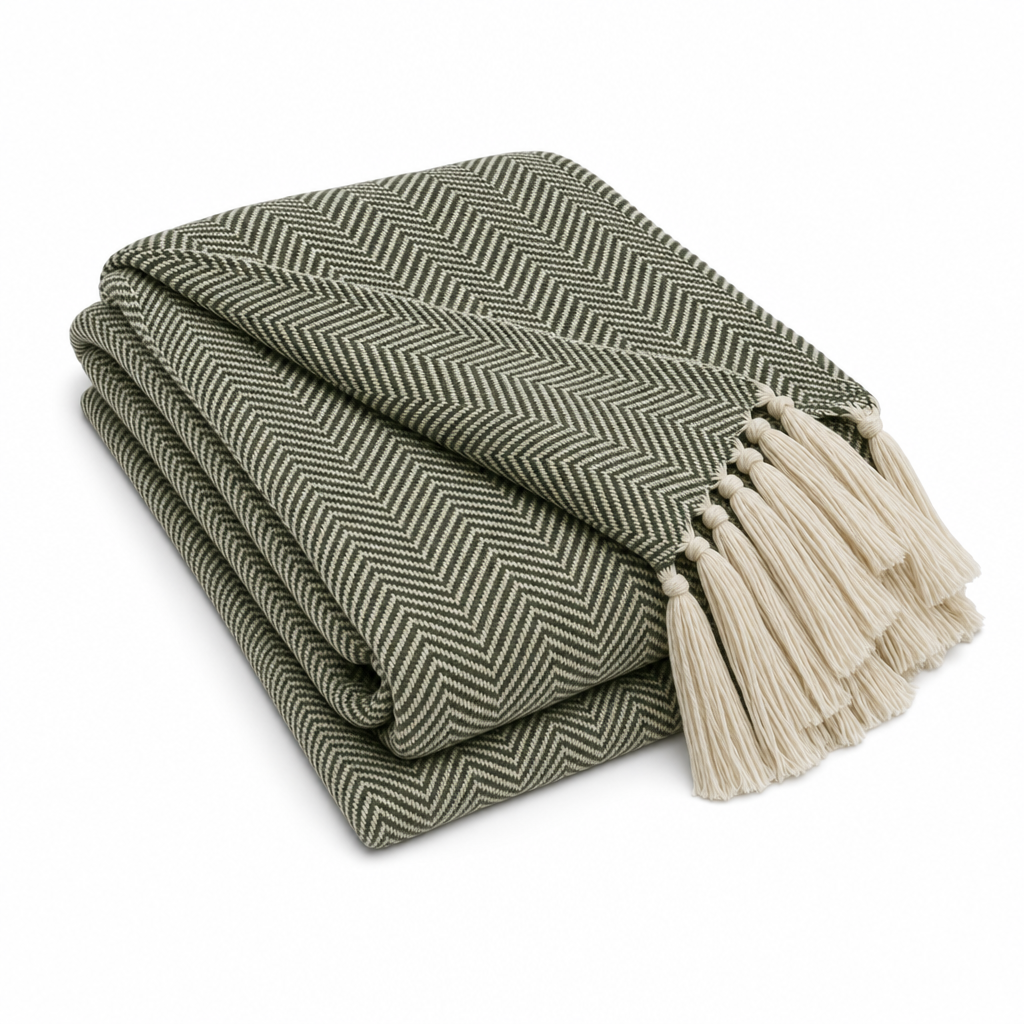 Riviera Woven Herringbone Fringe Throw Blanket for Sofa and Bedroom
