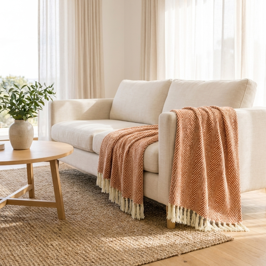 Riviera Woven Herringbone Fringe Throw Blanket for Sofa and Bedroom