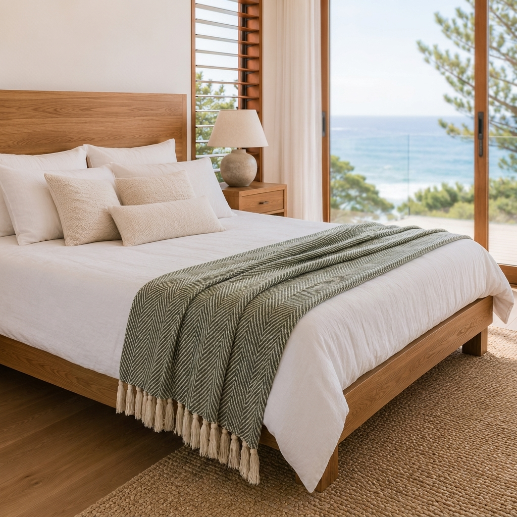 Riviera Woven Herringbone Fringe Throw Blanket for Sofa and Bedroom