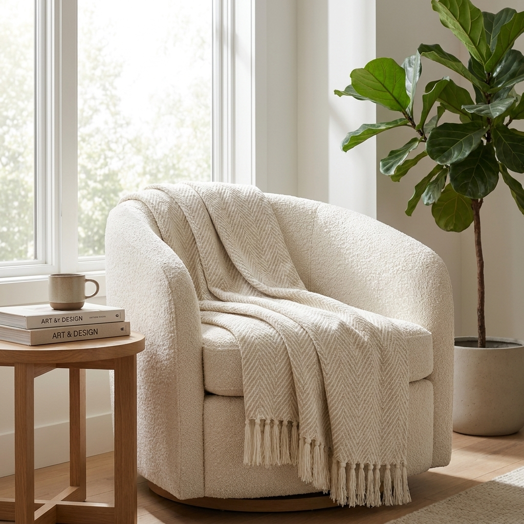 Riviera Woven Herringbone Fringe Throw Blanket for Sofa and Bedroom