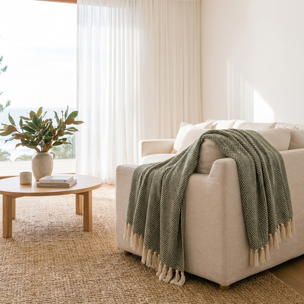 Riviera Woven Herringbone Fringe Throw Blanket for Sofa and Bedroom