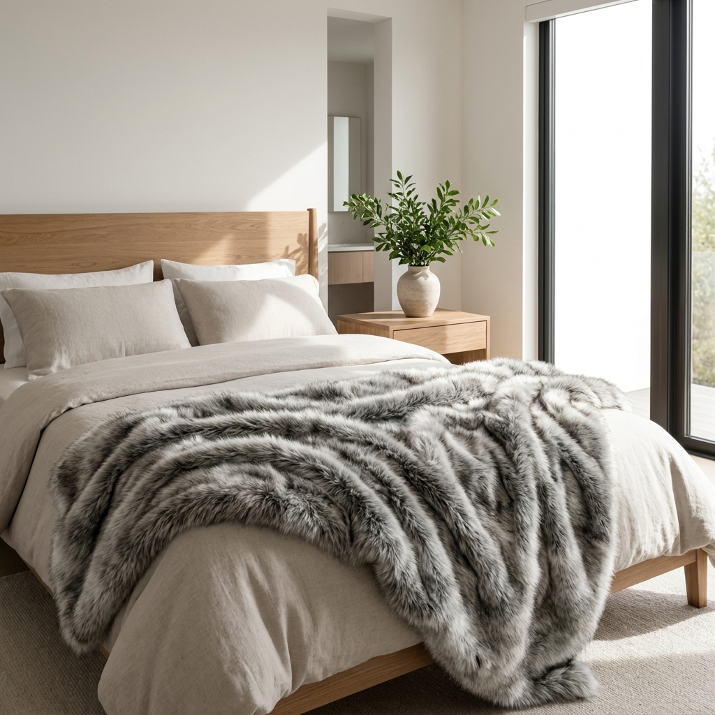 Lusso Luxury Plush Faux Fox Fur Throw Blanket for Sofa and Bedroom