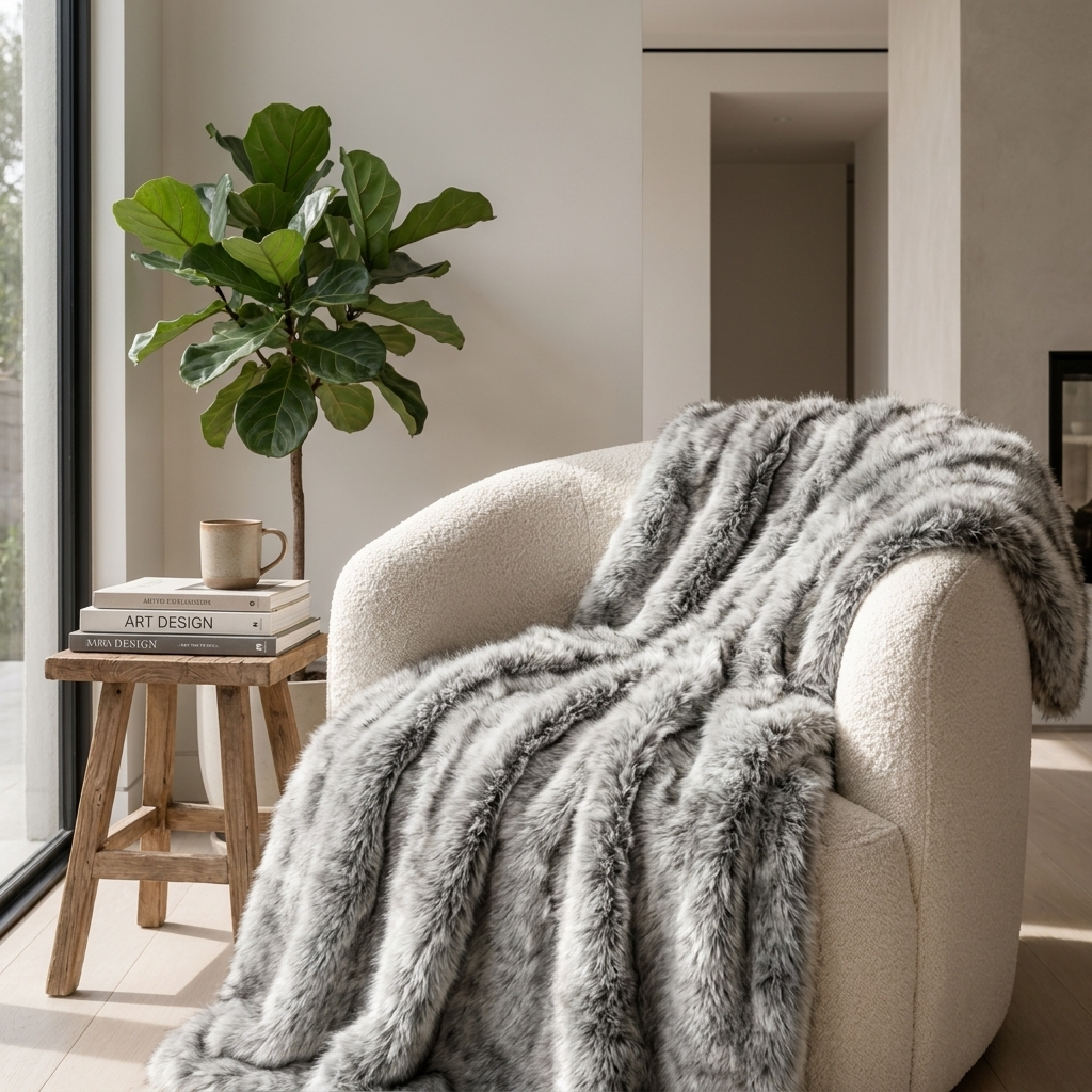 Lusso Luxury Plush Faux Fox Fur Throw Blanket for Sofa and Bedroom