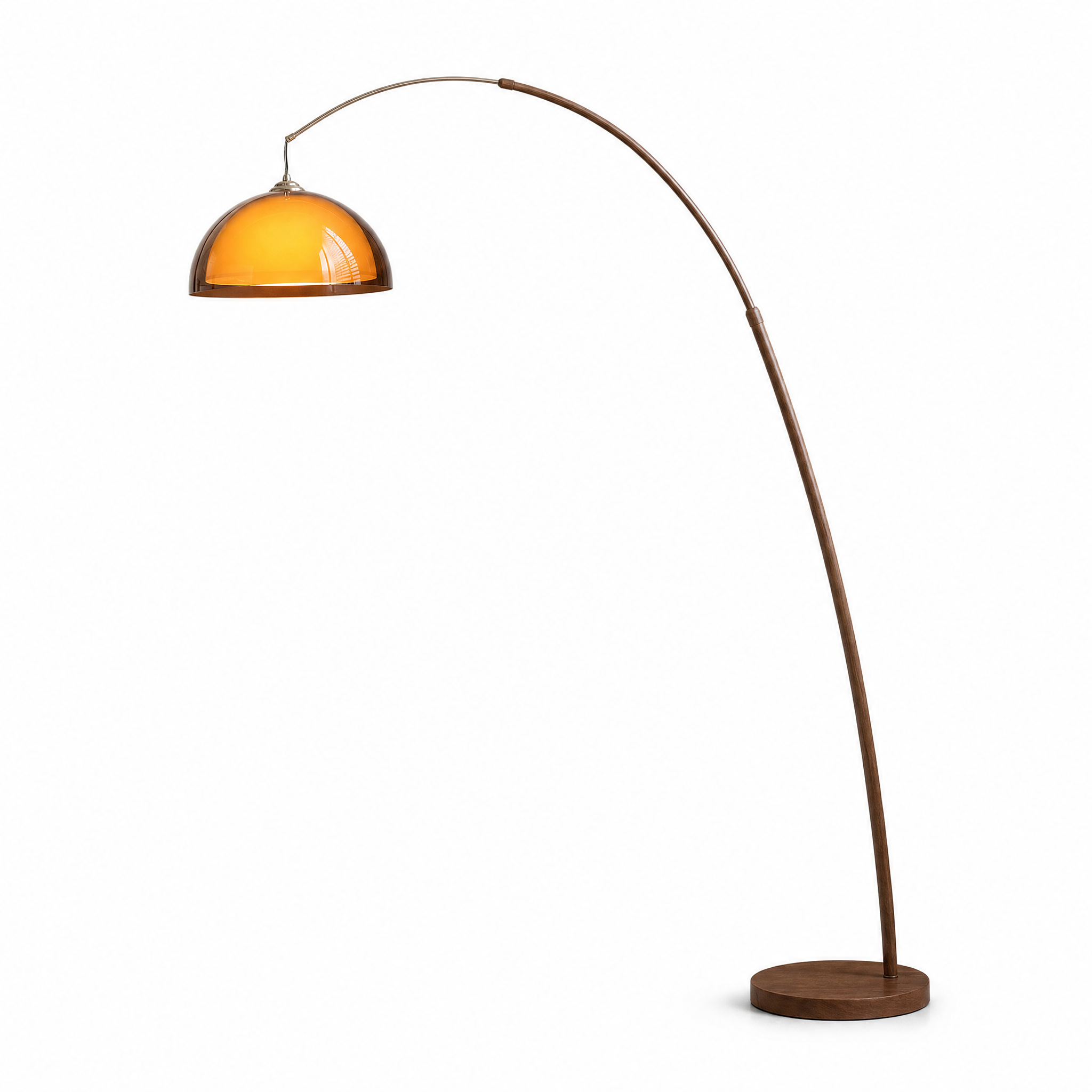 Cove Mid Century Walnut Arc Floor Lamp with Amber Dome Shade Sofa