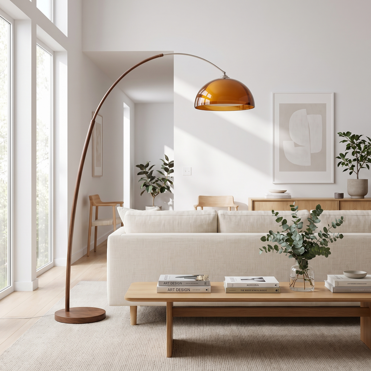 Cove Mid Century Walnut Arc Floor Lamp with Amber Dome Shade Sofa