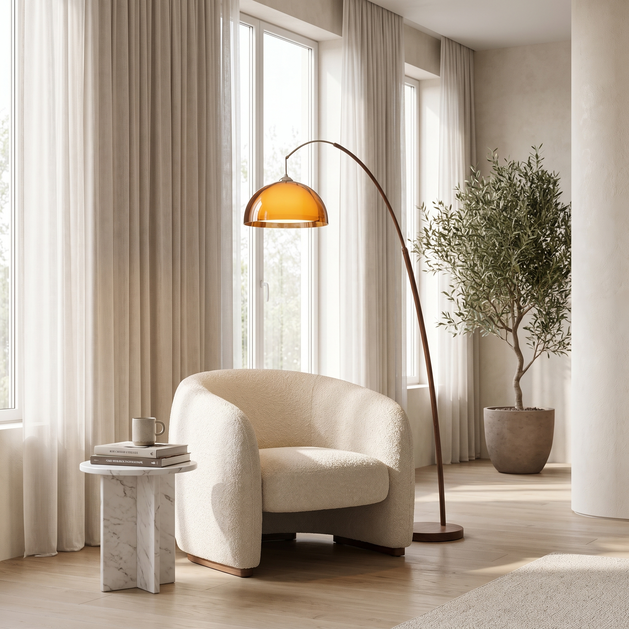 Cove Mid Century Walnut Arc Floor Lamp with Amber Dome Shade Sofa