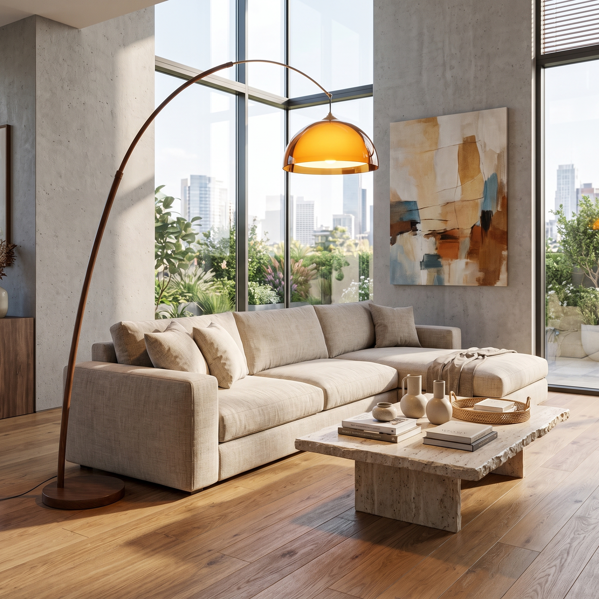 Cove Mid Century Walnut Arc Floor Lamp with Amber Dome Shade Sofa