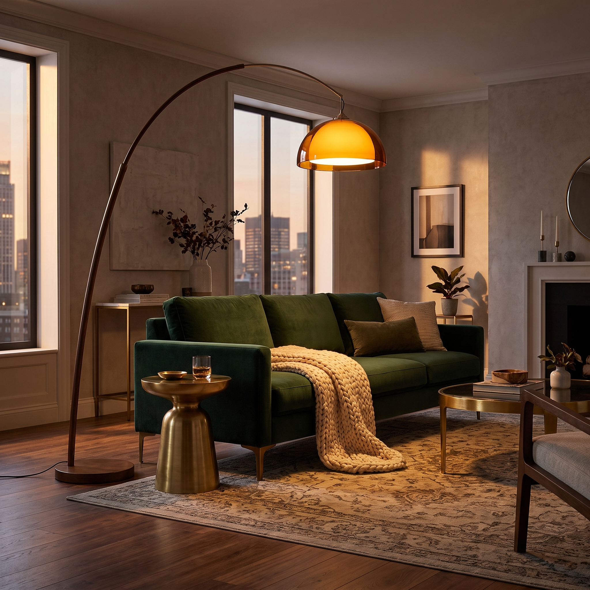 Cove Mid Century Walnut Arc Floor Lamp with Amber Dome Shade Sofa
