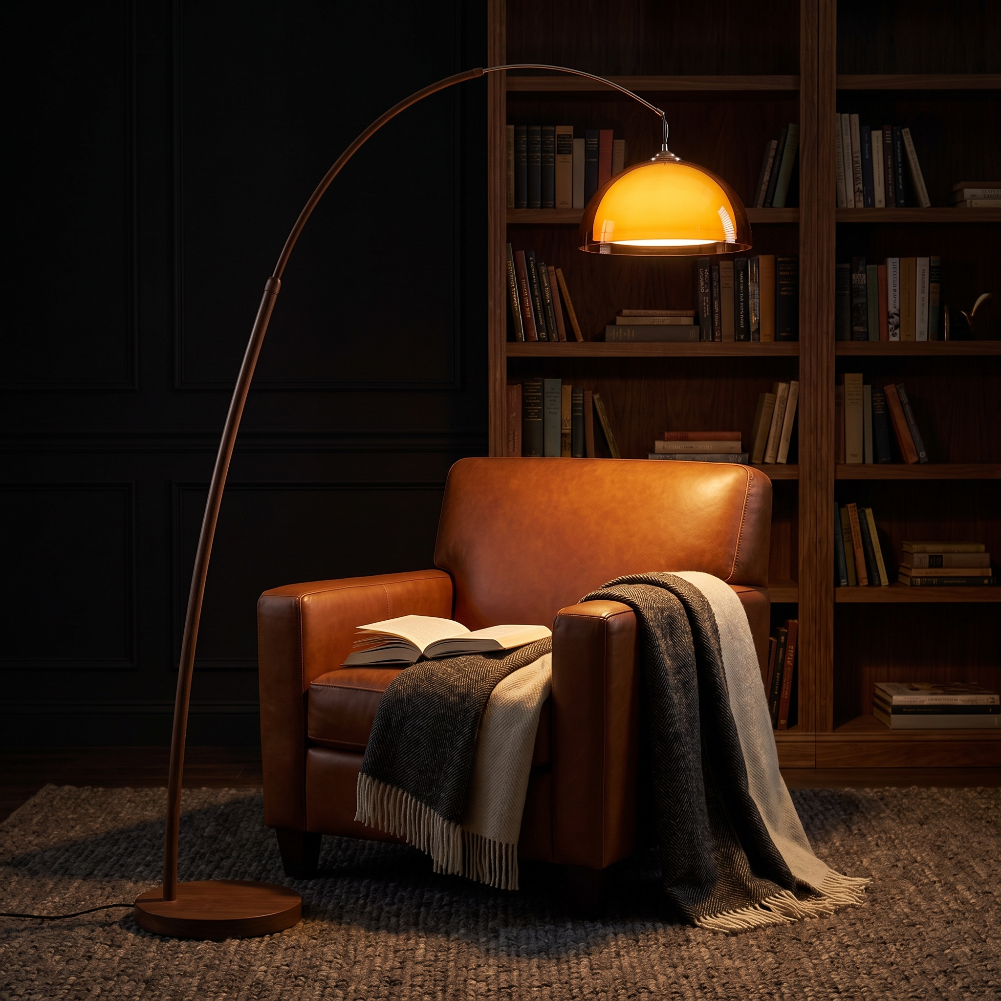 Cove Mid Century Walnut Arc Floor Lamp with Amber Dome Shade Sofa