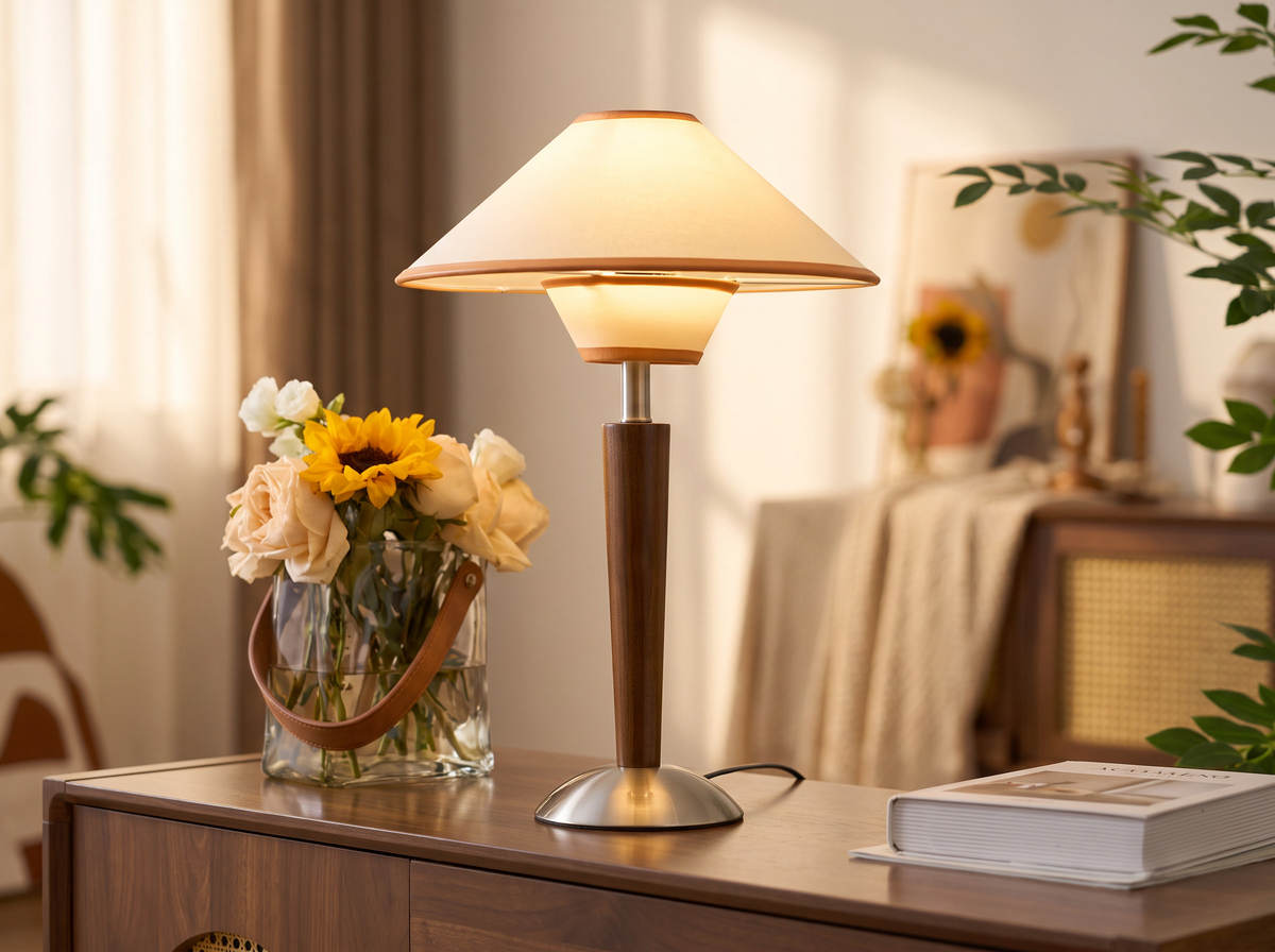 Alden table lamp close up showing walnut wood shaft and metal base foot