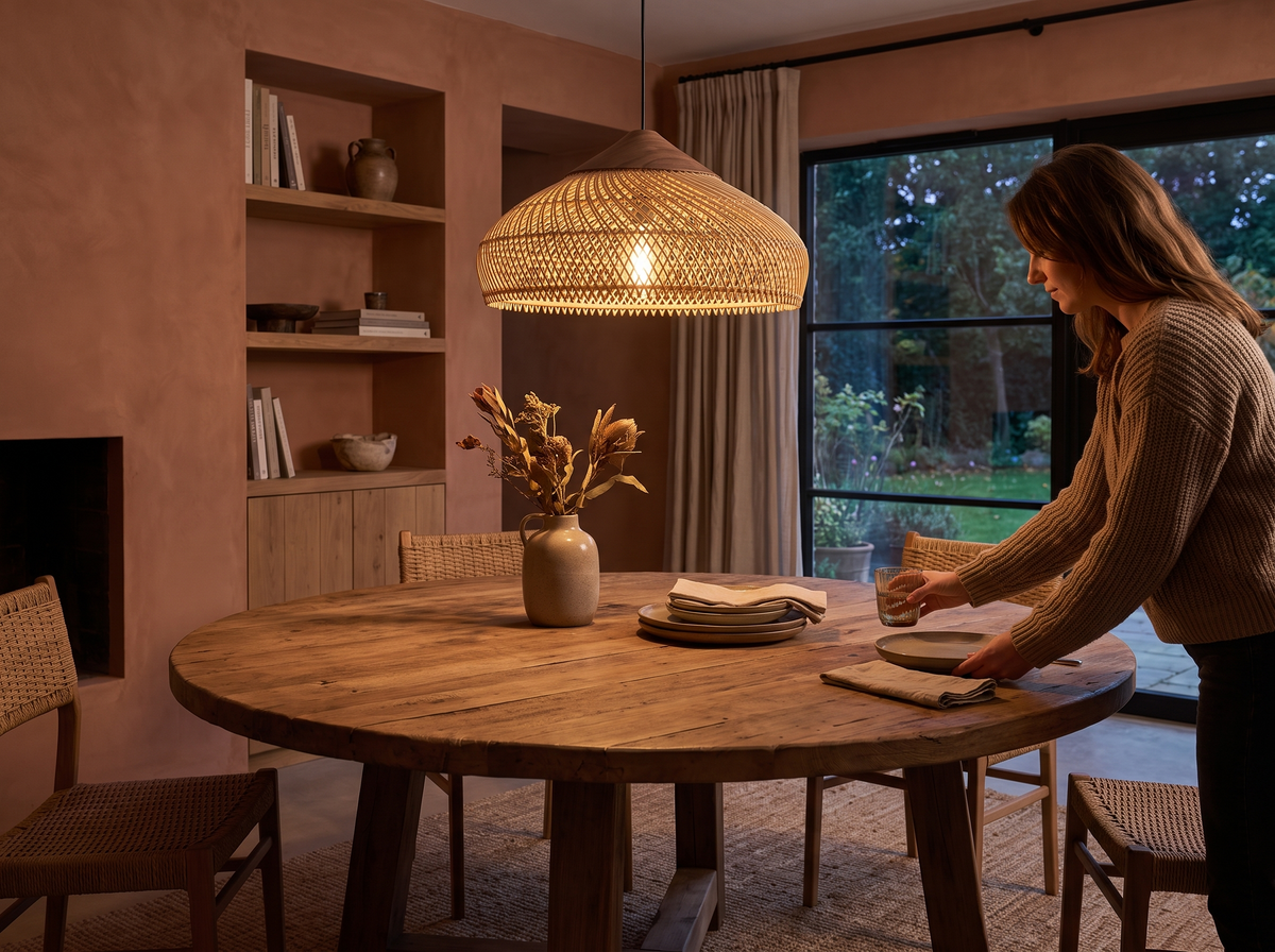 Yara rattan pendant light in a dining room evening setting with accurate shallow wide shape