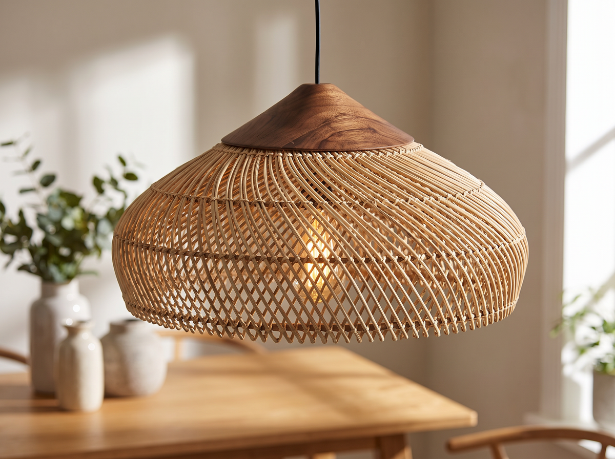 Close up of Yara rattan pendant light with accurate shallow wide shape and weave