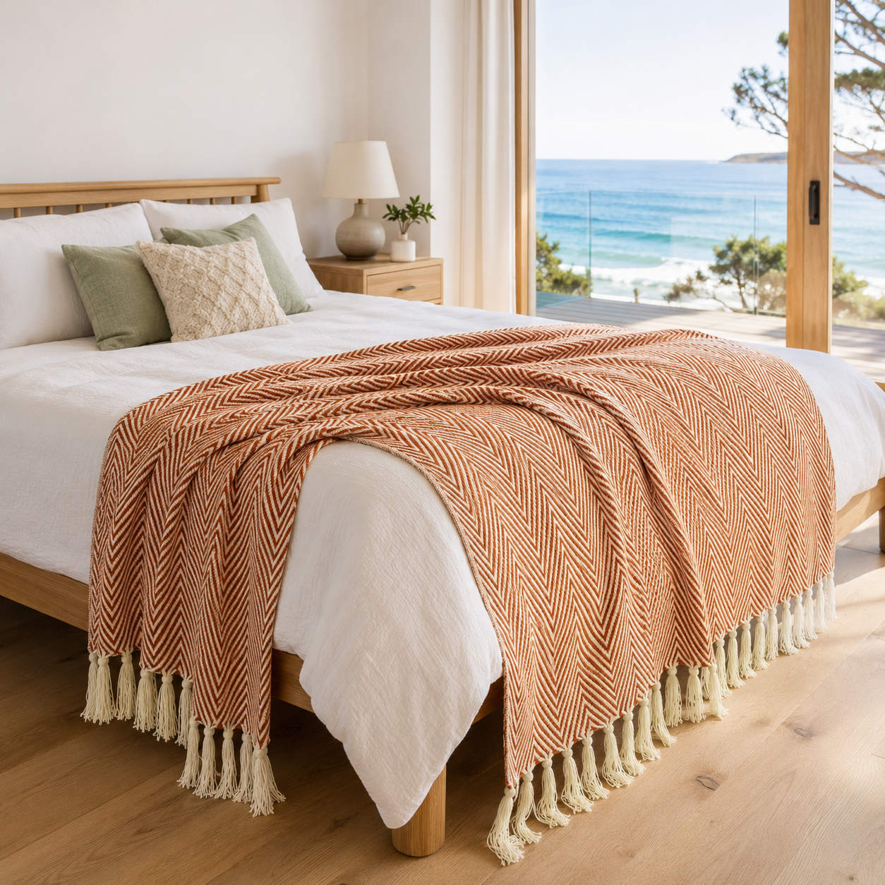 Riviera Woven Herringbone Fringe Throw Blanket for Sofa and Bedroom