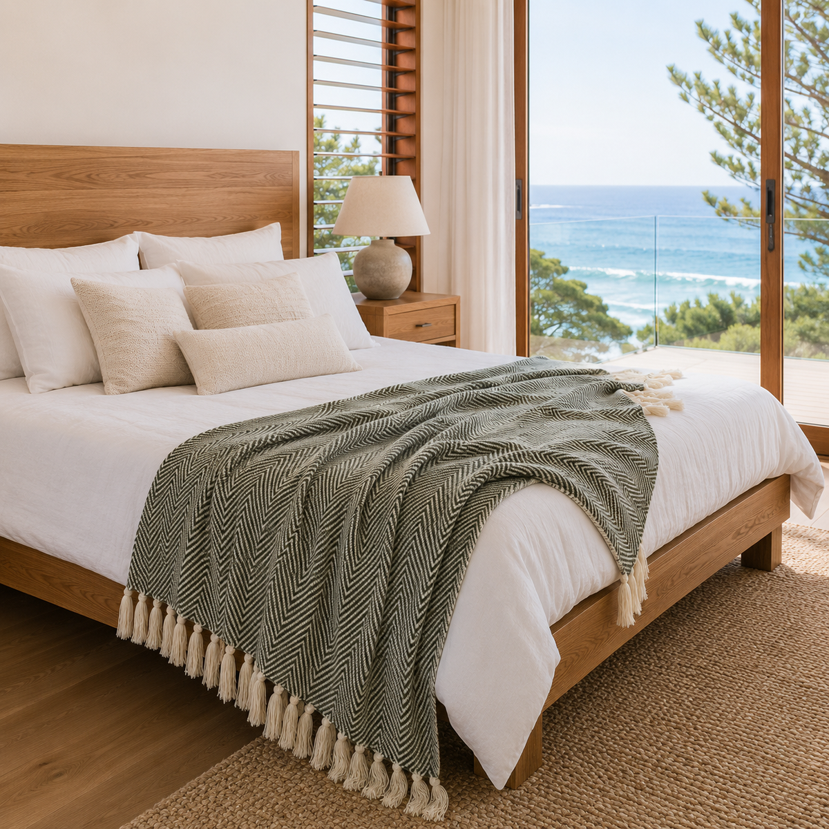Riviera Woven Herringbone Fringe Throw Blanket for Sofa and Bedroom