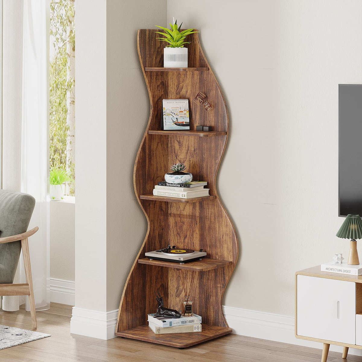 Cresta 5-Tier Wave Profile Corner Bookshelf for Living Room & Bedroom