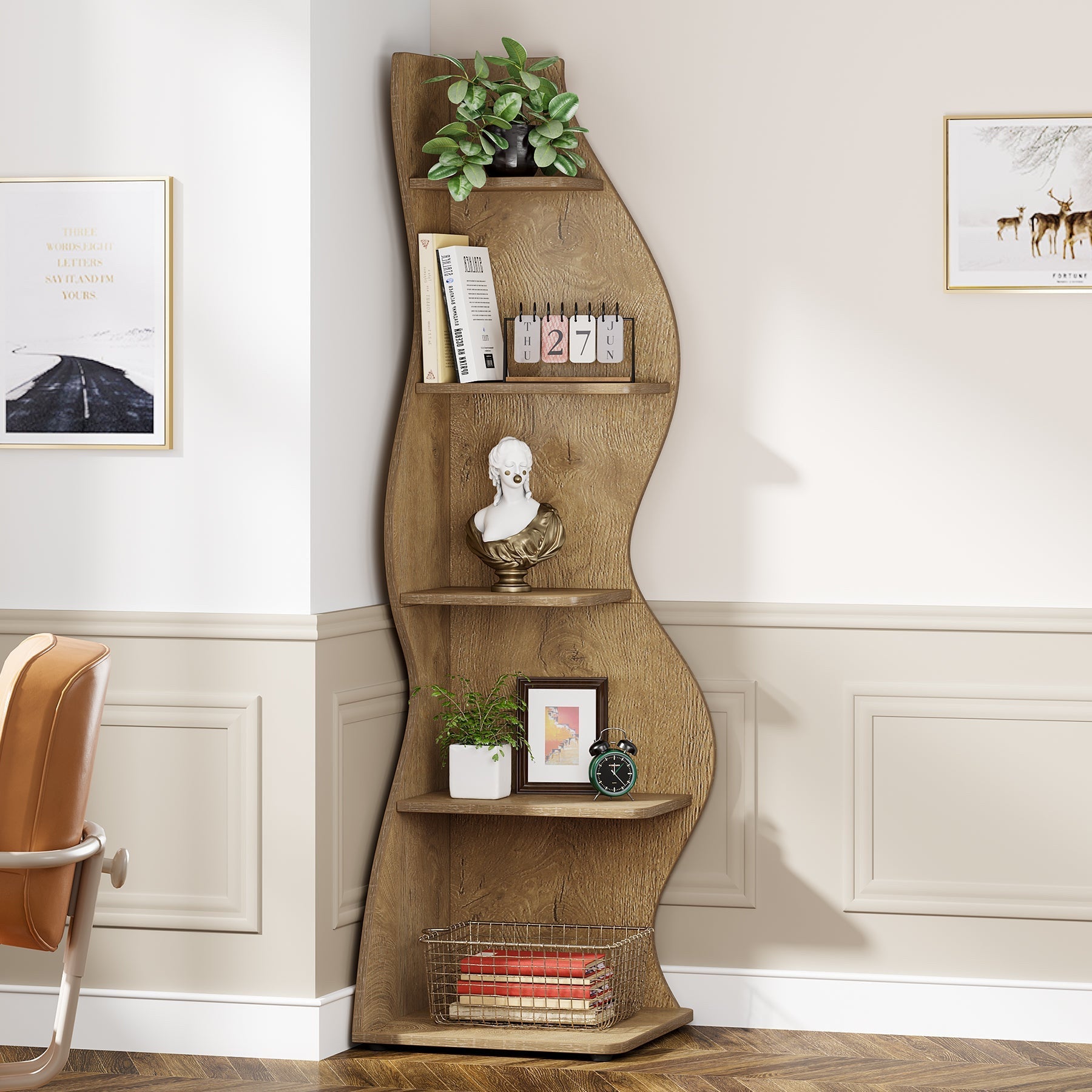 Cresta 5-Tier Wave Profile Corner Bookshelf for Living Room & Bedroom